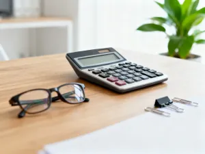 Kalkulator, monety i pióro na biurku, symbolizujące planowanie finansów i obliczanie wynagrodzenia.