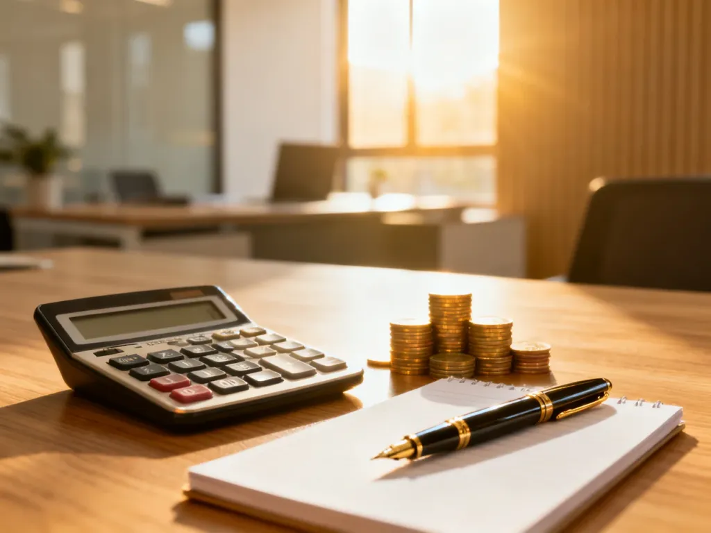 Kalkulator, monety i notatnik na biurku, symbolizujące planowanie finansów i obliczanie wynagrodzenia.