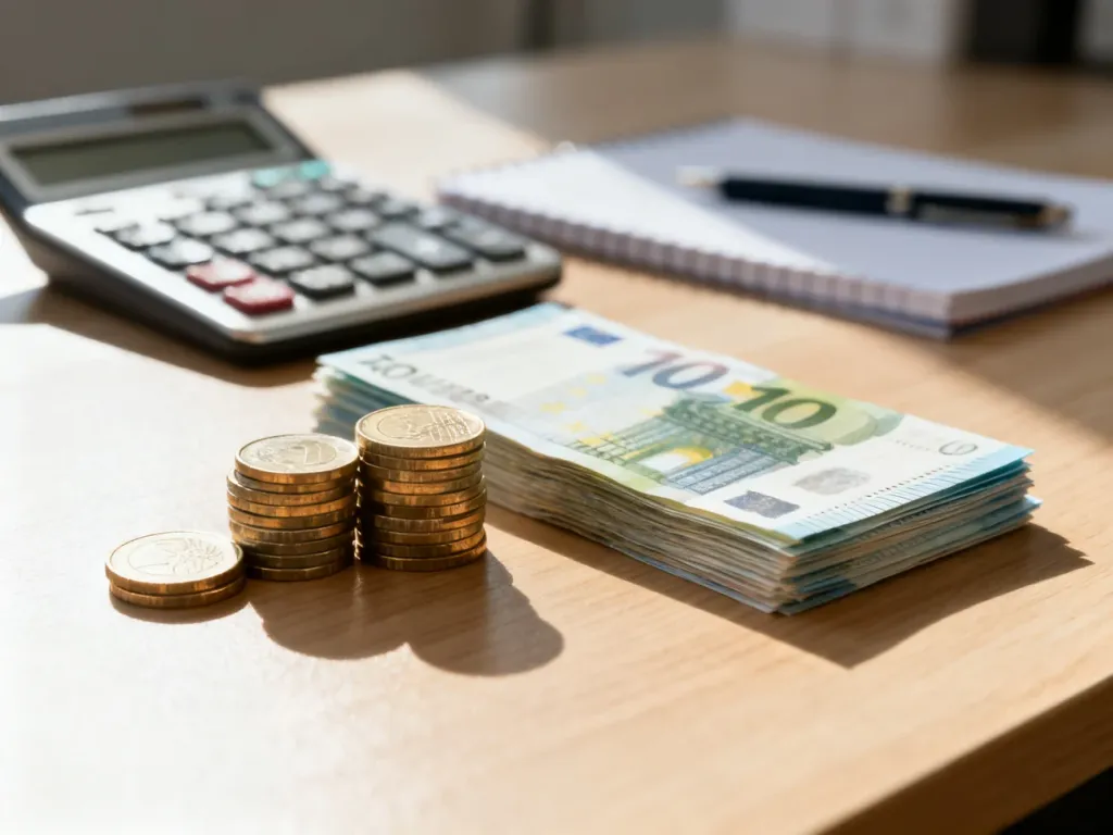 Stos pieniędzy i banknotów na biurku, symbolizujący obliczanie wynagrodzenia i planowanie finansów.