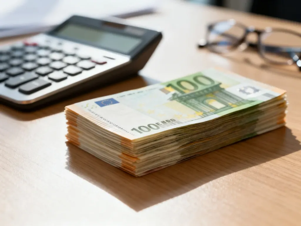 Stos banknotów na biurku obok kalkulatora i okularów, symbolizujący obliczenia finansowe i wynagrodzenie.