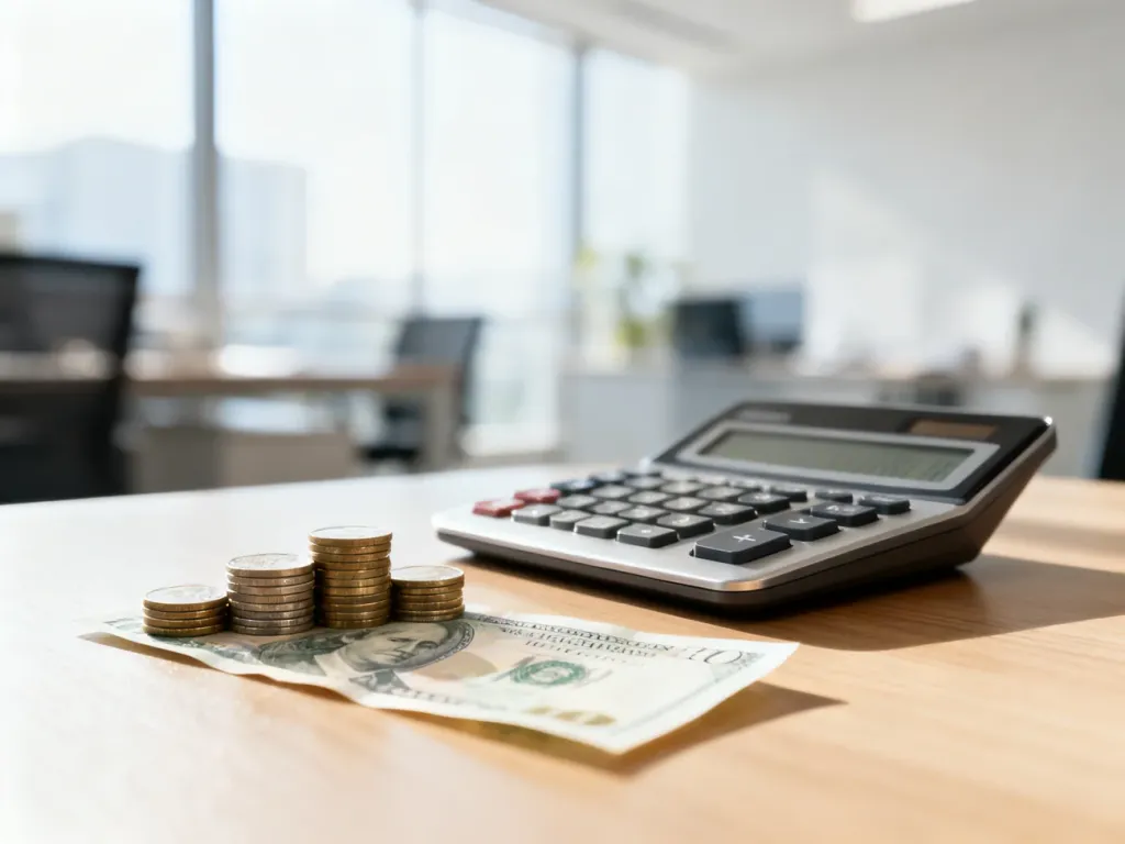 Kalkulator, monety i banknot na biurku, symbolizujące obliczenia finansowe i wyliczenia wynagrodzenia netto.